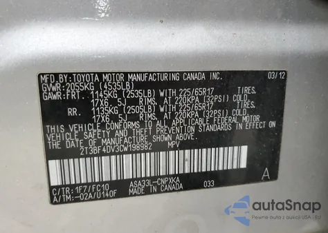 2012 Toyota Rav4 z USA, uszkodzony, nr VIN 2T3BF4DV3CW198982